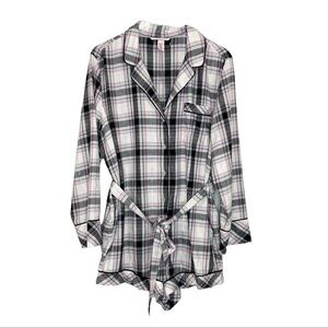Victoria's Secret Gray Pink White And Silver Plaid Flannel Romper Size Large